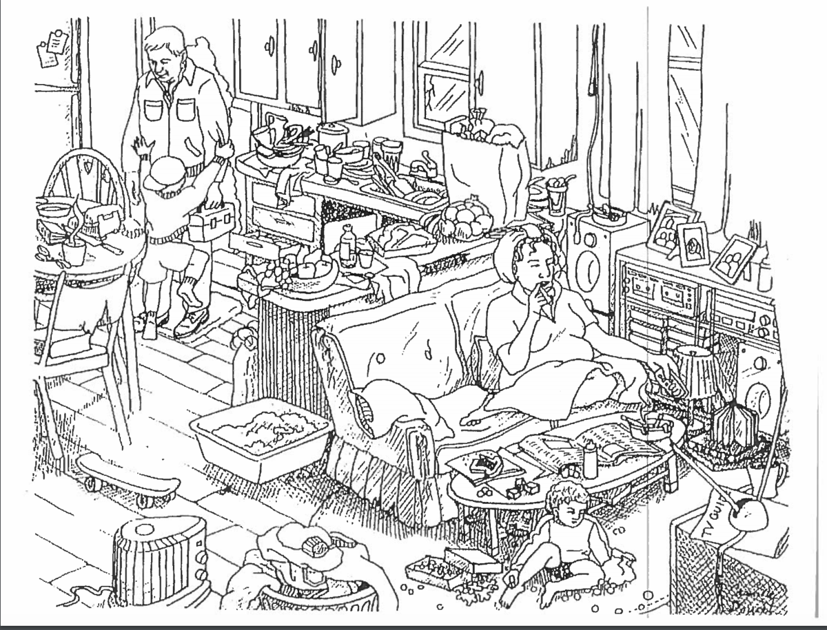 Family members in living room surrounded by games, food, people, household items