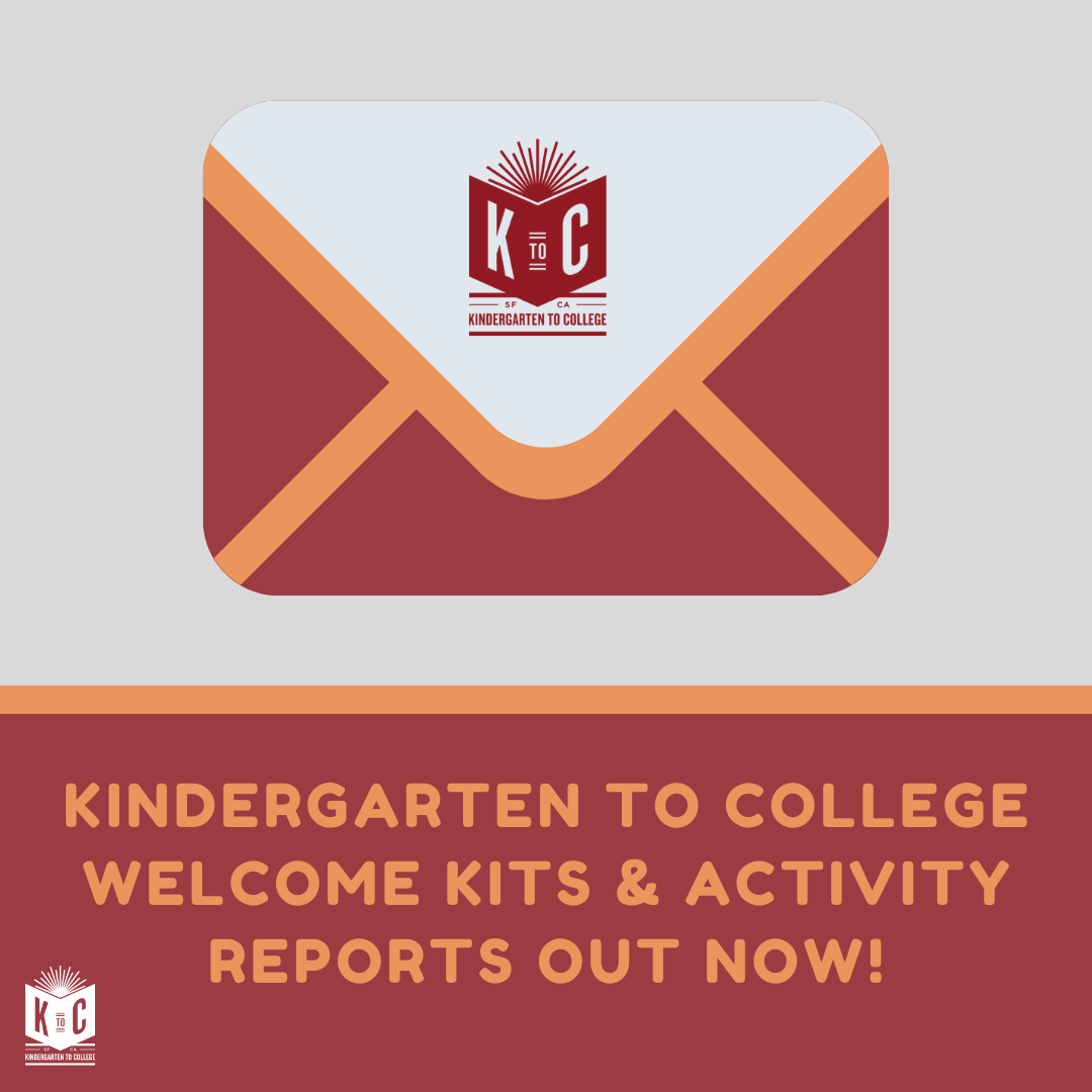 Red and yellow envelope with a grey background that says "Kindergarten to College Welcome Kits and Activity Reports Out Now!"