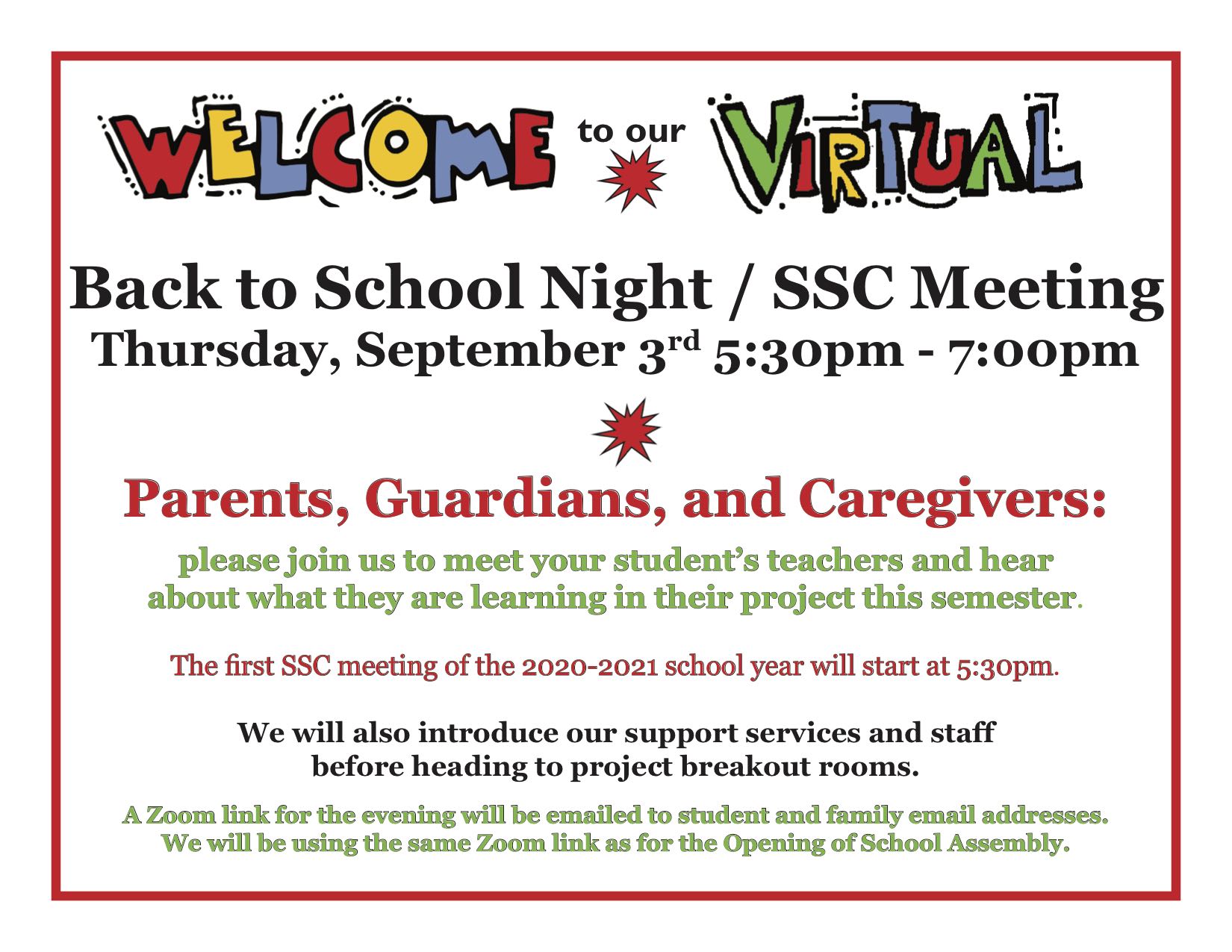 Flyer announcing Back to School Night Thursday Sept. 3 from 5:30-7pm