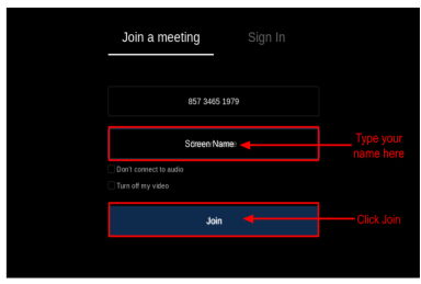 Image of black pop up window where students enter name and click to join meeting