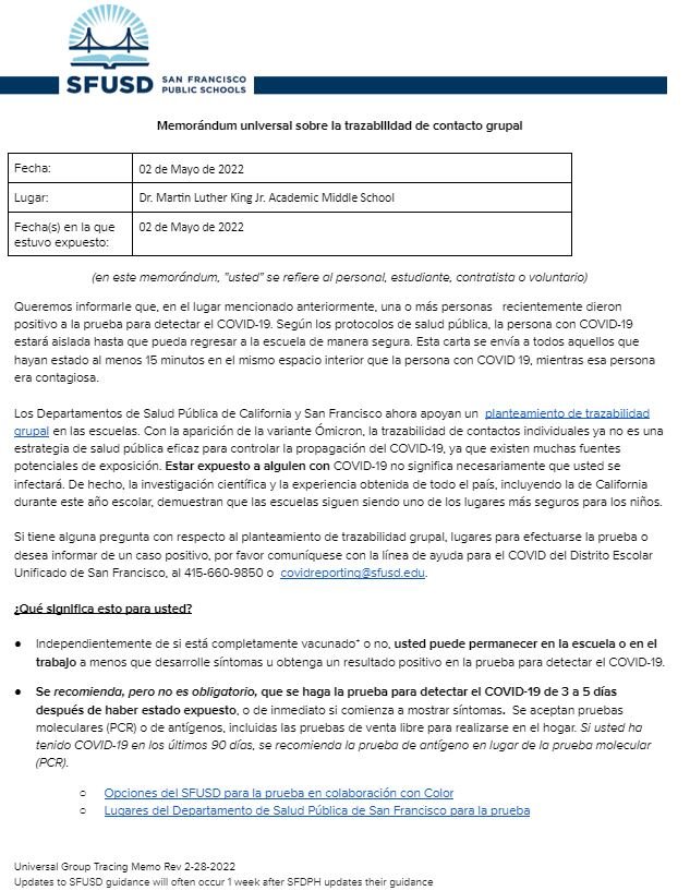 Universal Group Contact Tracing Memo Page 1 for May 02 2022 Spanish