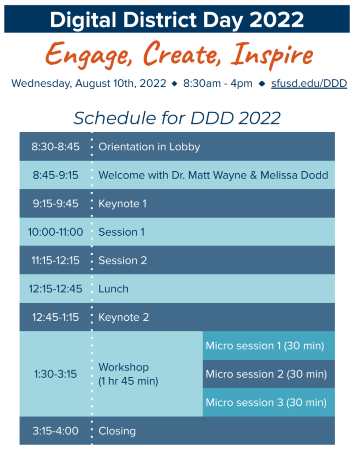 Visual of the DDD 2022 schedule (see text below for same schedule)