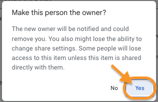 Screenshot of step 2 of transferring ownership in Google Drive