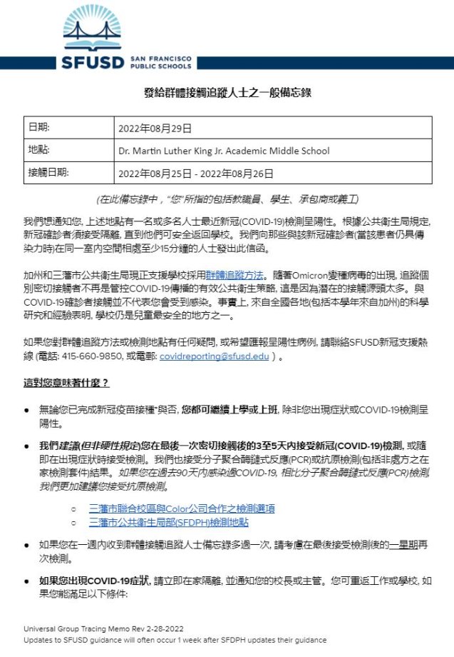 General Notification Memo For Families August 29 2022 Chinese