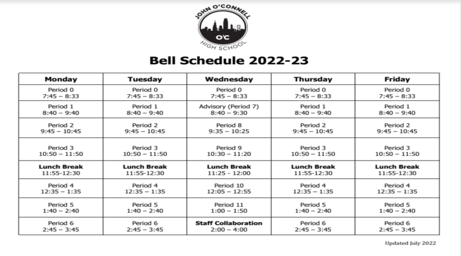 Bell Schedule, 2022-23