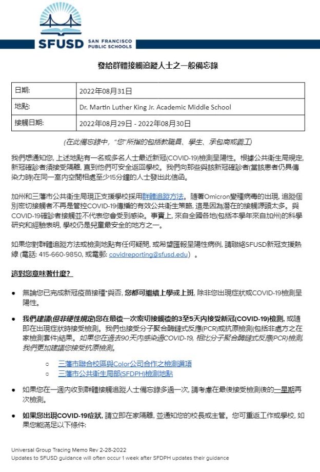 General Notification Memo for Families August 31 2022 Chinese