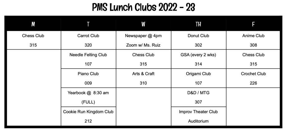 Presidio Middle school clubs