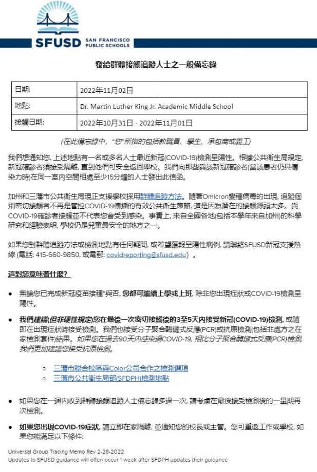 General Notification Memo for Families November 02 2022 Chinese