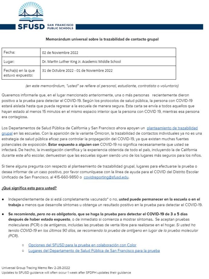 General Notification Memo for Families November 02 2022 Spanish