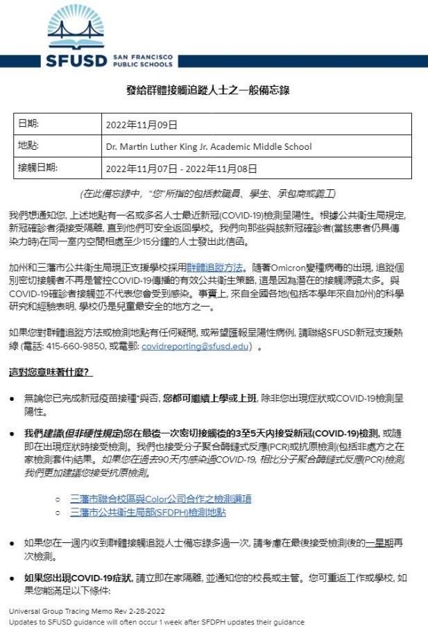 General Notification Memo for Families November 09 2022 Chinese