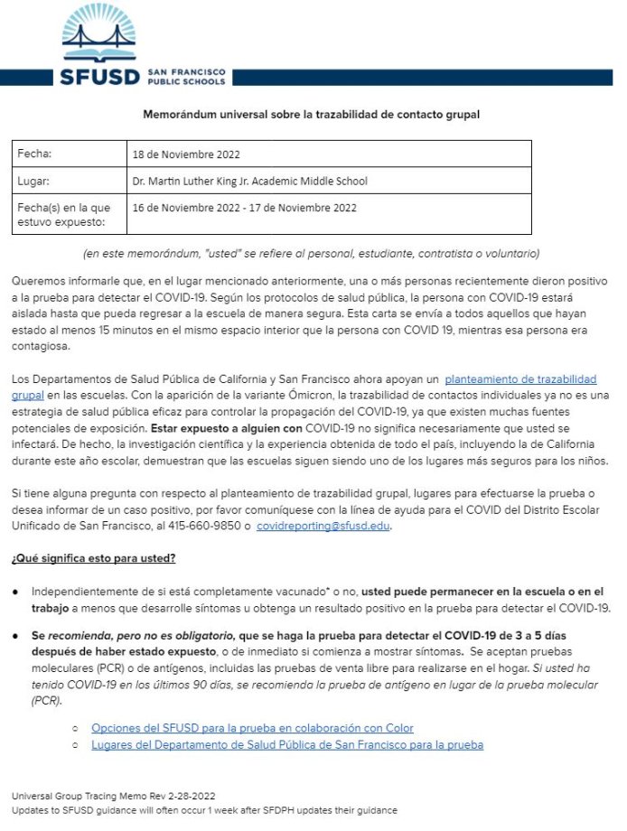 General Notification Memo for Families November 18 2022 Spanish