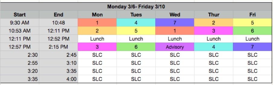 RMS bell schedule for SLC week 