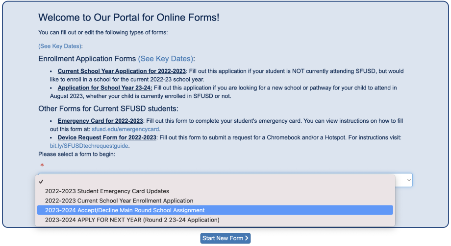 Screen shot of ParentVUE screen of online form selection 
