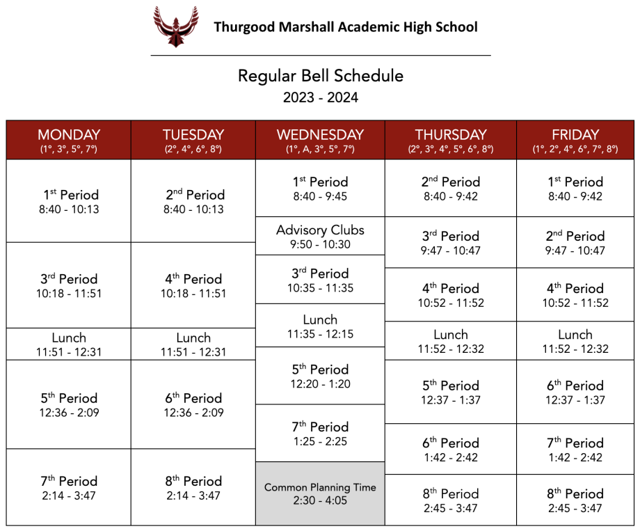 Regular Bell Schedule 2023-2024, Thurgood Marshall HS