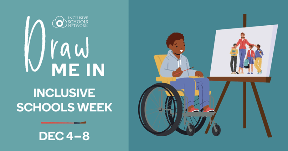 Logo for Inclusive Schools Week 2023 with the theme "Draw Me In." Displays a young African American student who uses a wheelchair creating a portrait on an easel