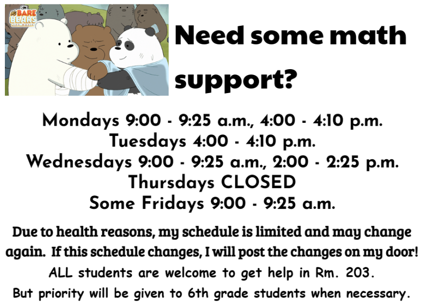 Math support graphic with list of days and times in Room 203