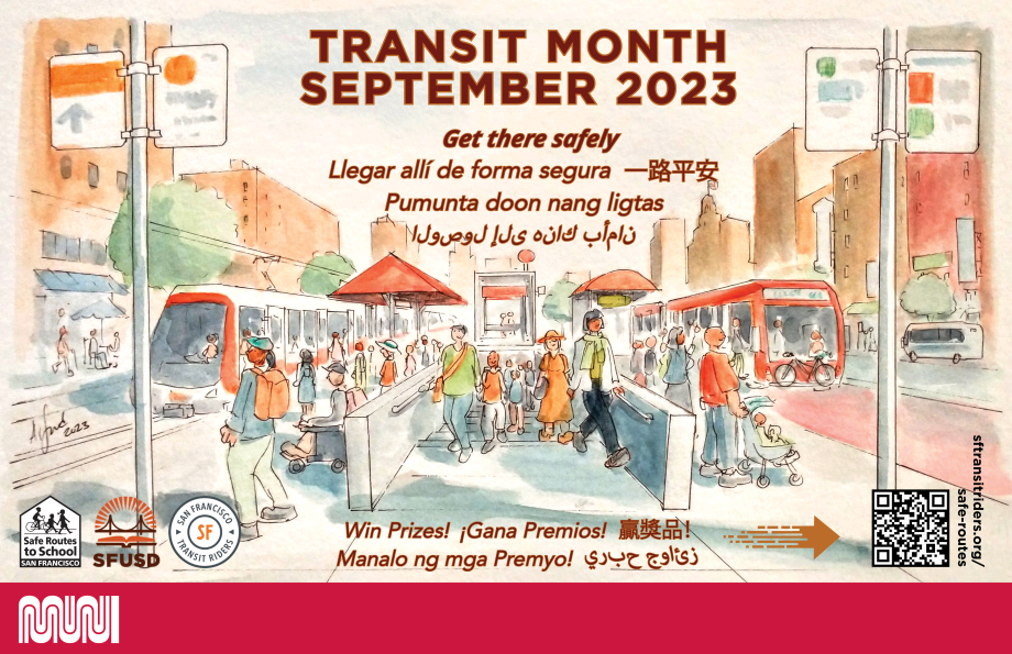Banner for Transit Month 2023 with the slogan, "Get there safely" with a QR code to Transit Month activities