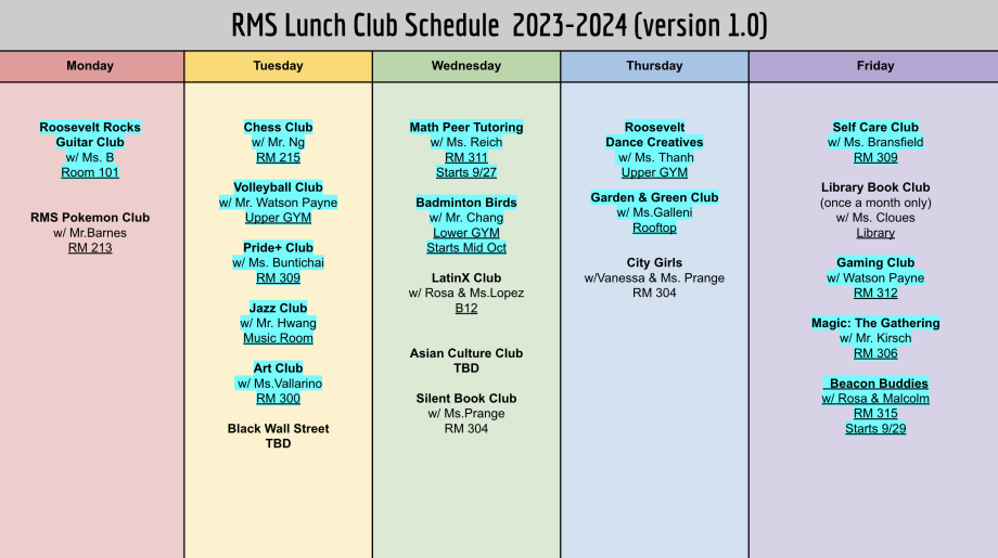 2023-2024 RMS lunch clubs