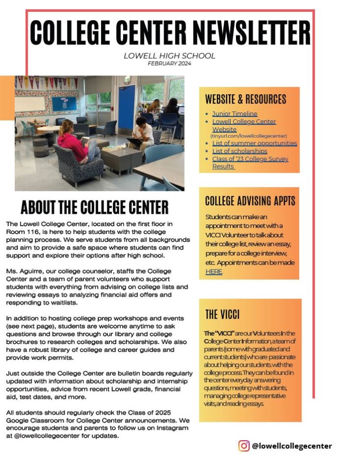 Image of first page of Lowell College Center newsletter