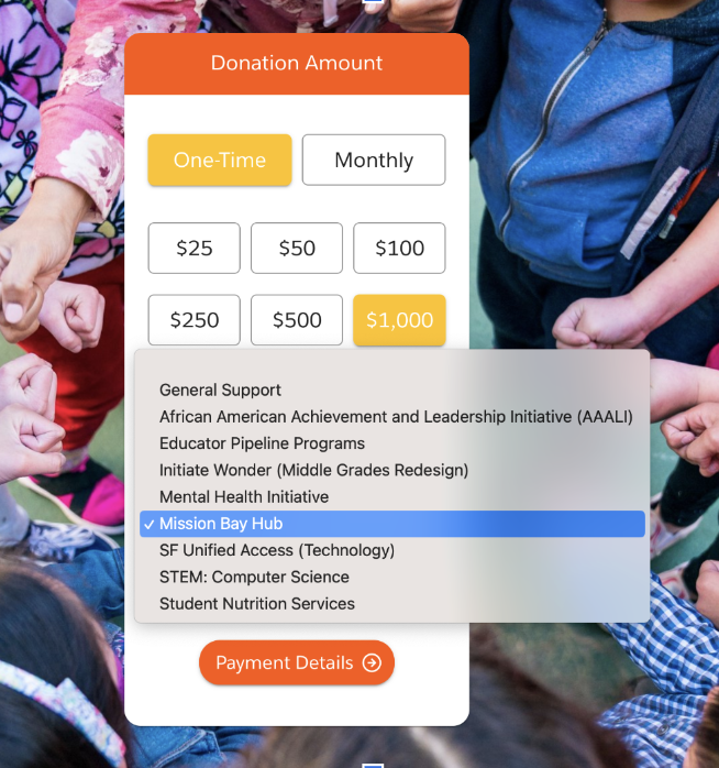 How to find donation for Mission Bay Hub