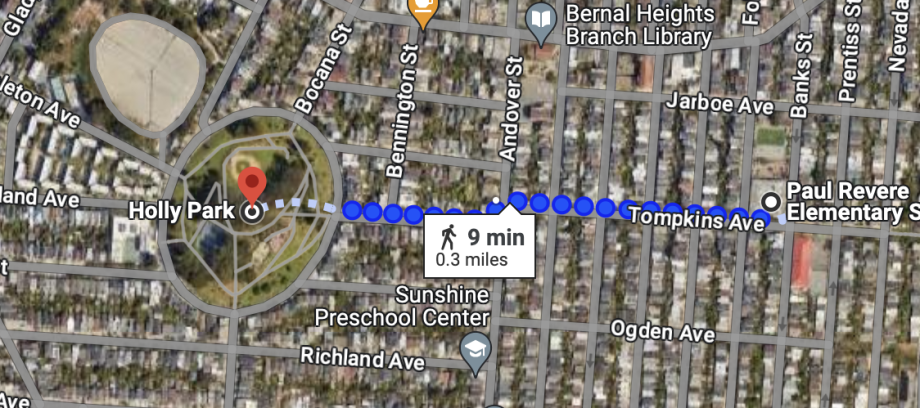 Map showing walking distance of 9 minutes to Holly Park from Paul Revere School
