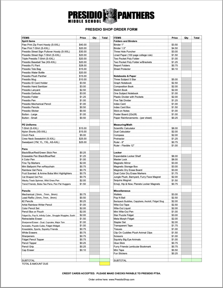 Presidio Shop Price List