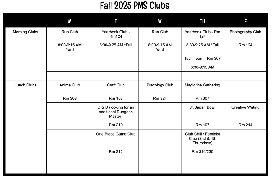 2025-2026 Club Schedule