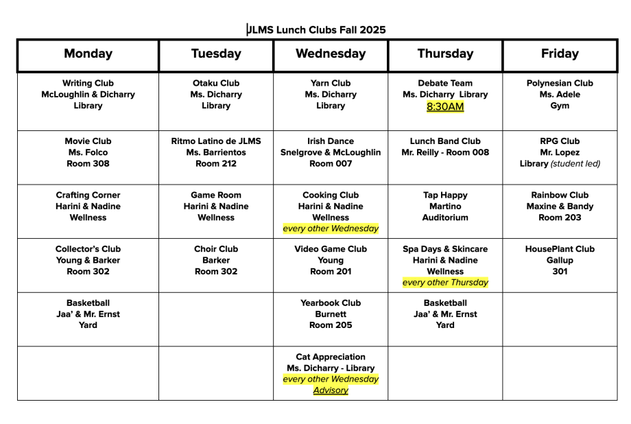 List of extracurriculars at JLMS