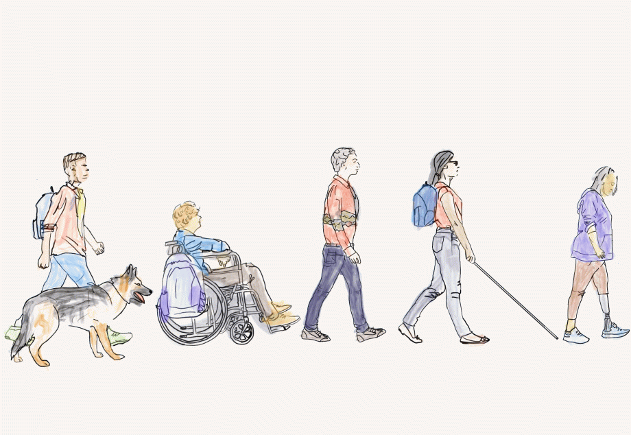 Drawing of 5 students walking