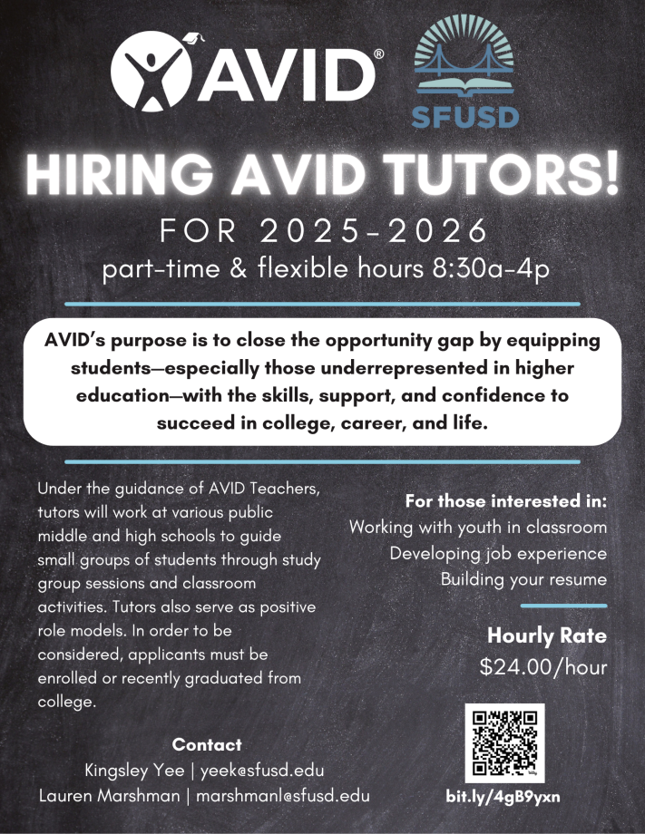 AVID Tutor flier with information about times and pay