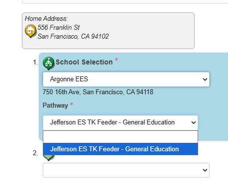 View of online application with Argonne EES as school, and Jefferson GE TK Feeder as Pathway