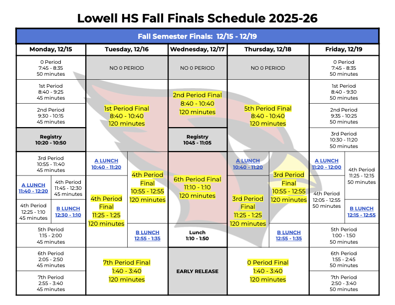 Fall Semester Finals Schedule December 15-19, 2025