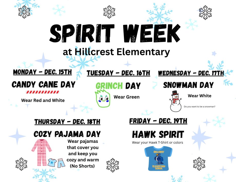 Spirit Week at Hillcrest Elementary December 15 to December 19