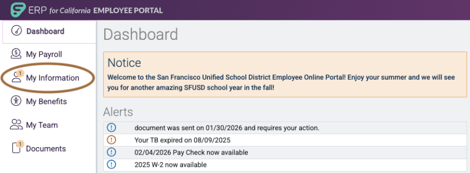 Layout of Frontline Employee Portal with My Information circled. 