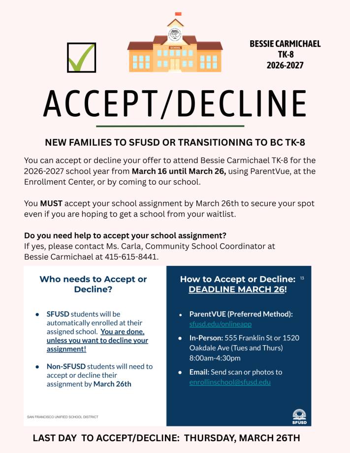 Accept or Decline Information for New Families at Bessie Carmichael for School Year 2026-2027