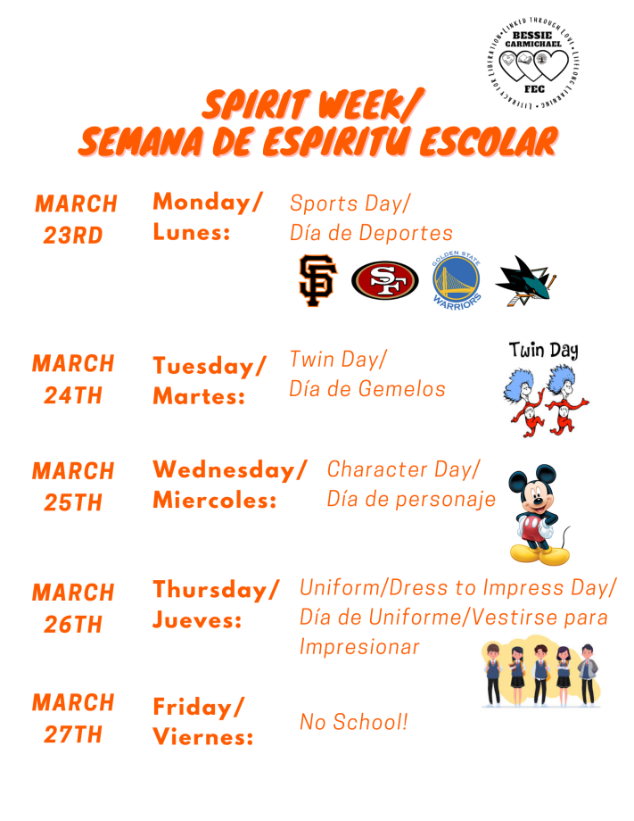 Spirit Week at Bessie Carmichael March 23 to March 26