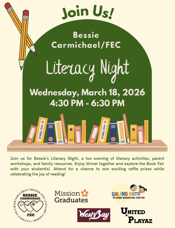 Literacy Night 2026 at Bessie Carmichael  Wednesday, March 18 at 4:30pm