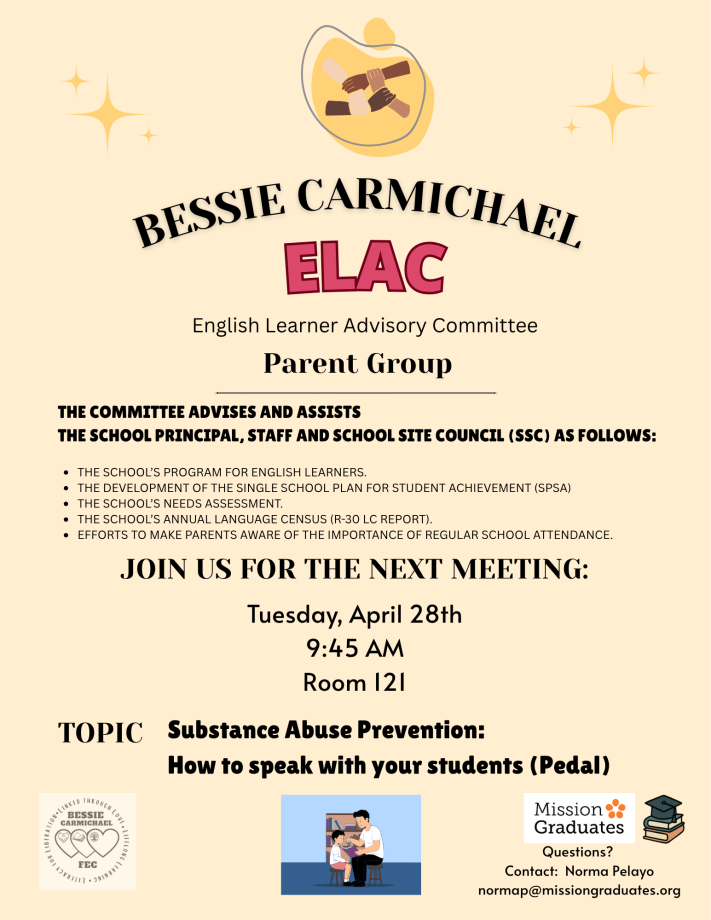 ELAC English Learners Advisory Committee Meeting Tuesday, April 28th at 9:45 a.m.
