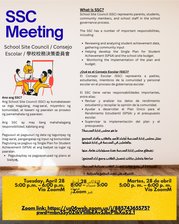 SSC Meeting Tuesday, April 28th 5pm translation available and zoom link
