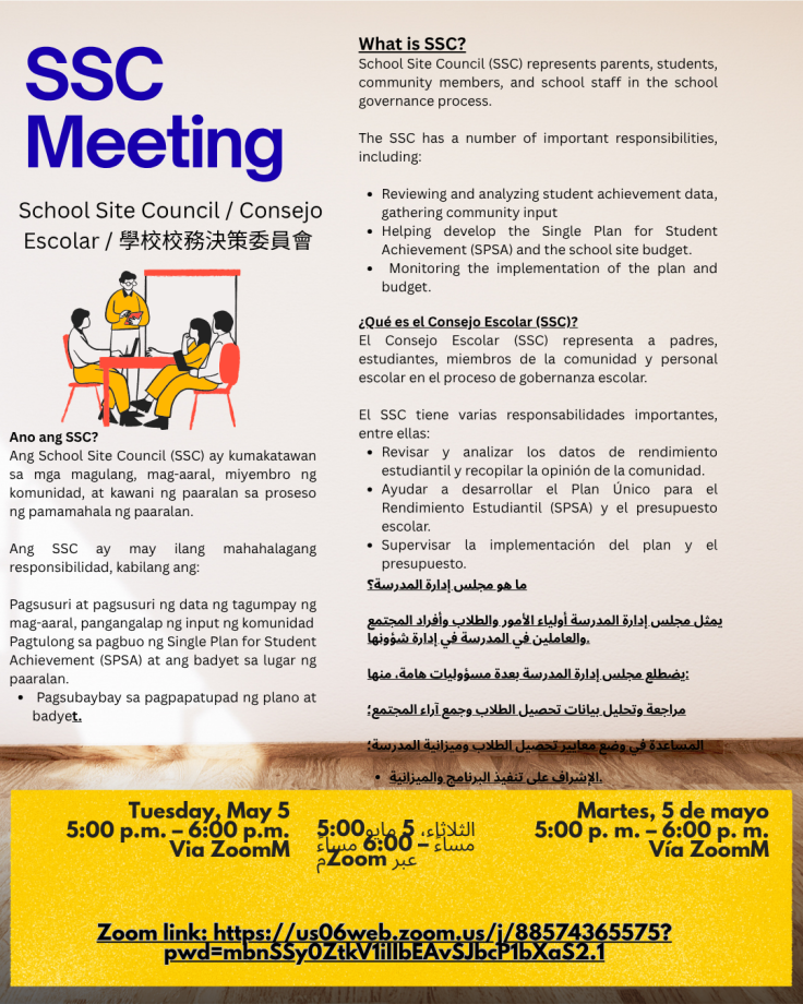 SSC Meeting Tuesday, May 5th 5pm translation available and zoom link