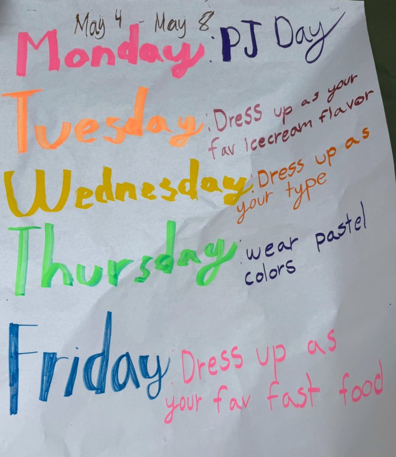 Spirit Week May 4th to May 8th at the Middle School 