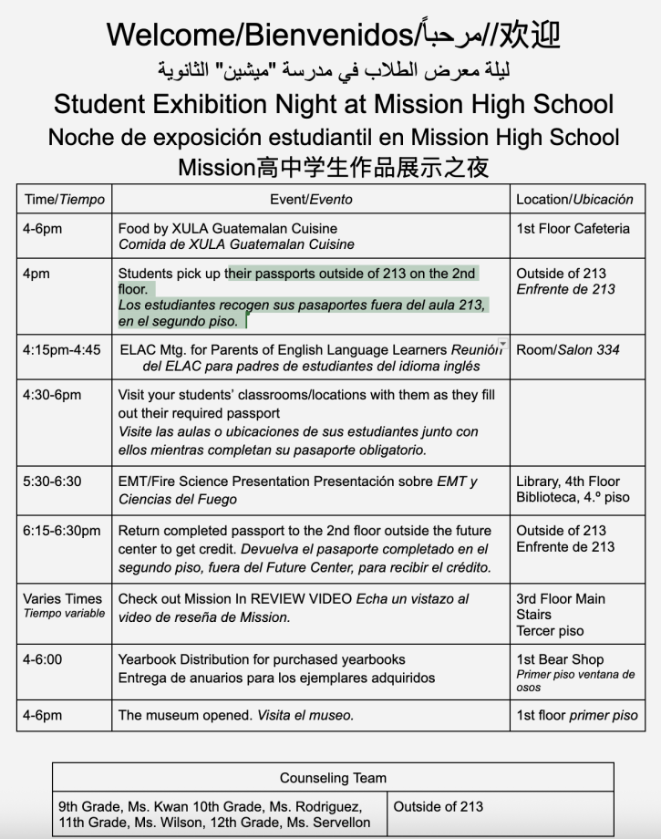 Student Exhibition Night Schedule