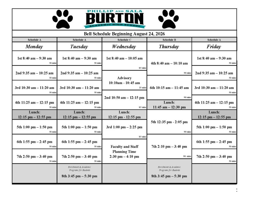 Various Bell Schedules at Burton High School 2026-27
