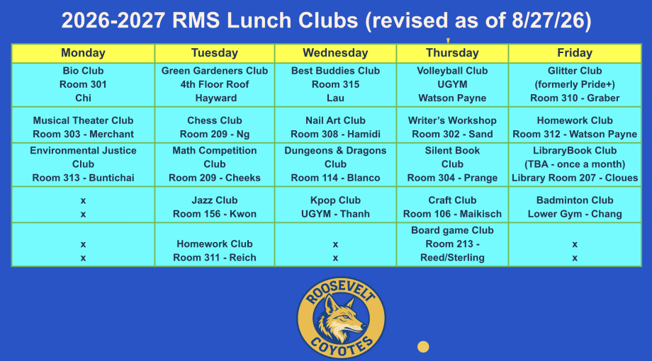 2025-2026 Roosevelt Lunch Club schedule
