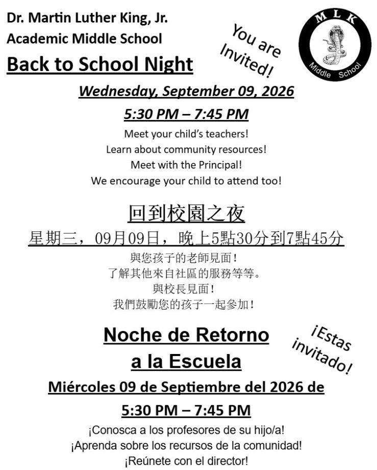 MLK MS Back to School Night 09/02/2026