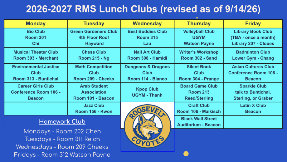 Listing of lunch clubs at Roosevelt MS