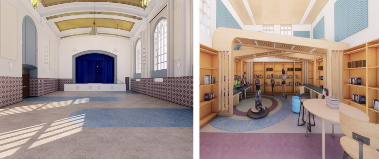 Graphics of multipurpose room and library