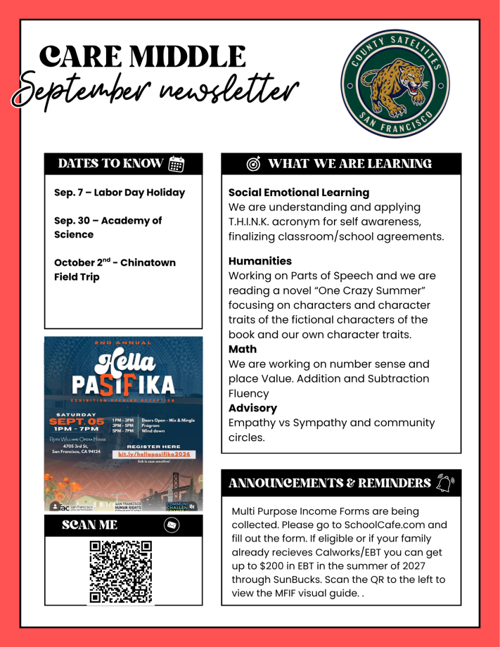 September Newsletter for Middle School guardians to view and read