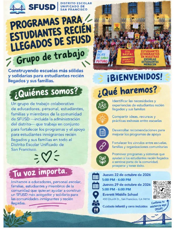 SFUSD Newcomer Working Group Flyer Spanish