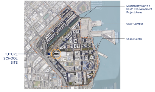 Aerial map showing Mission Bay School location at the west side of Mission Bay neighborhood